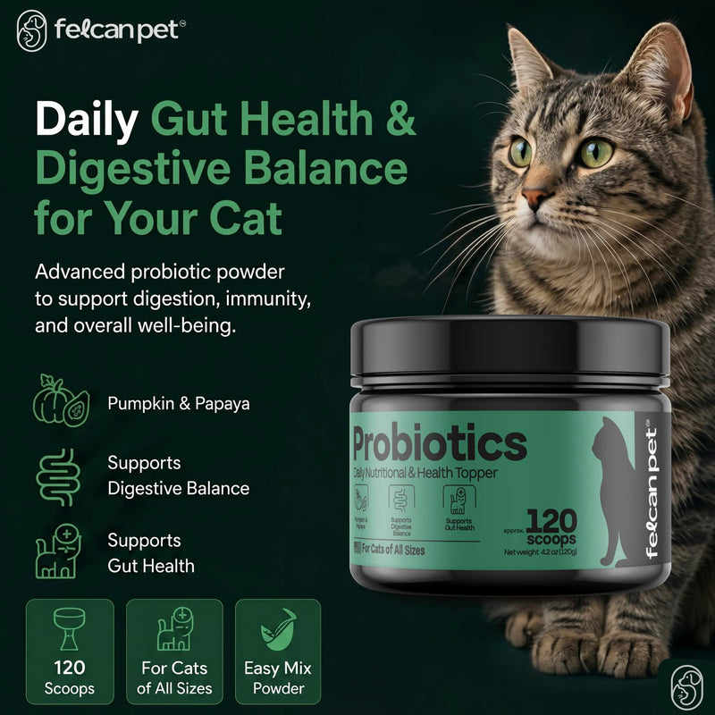 Cat Probiotic Powder for Digestive Balance & Gut Health – Daily Pet Supplement with Pumpkin, Papaya & 6 Probiotic Strains – Supports Gut Flora & Digestive Comfort – 120 Scoops