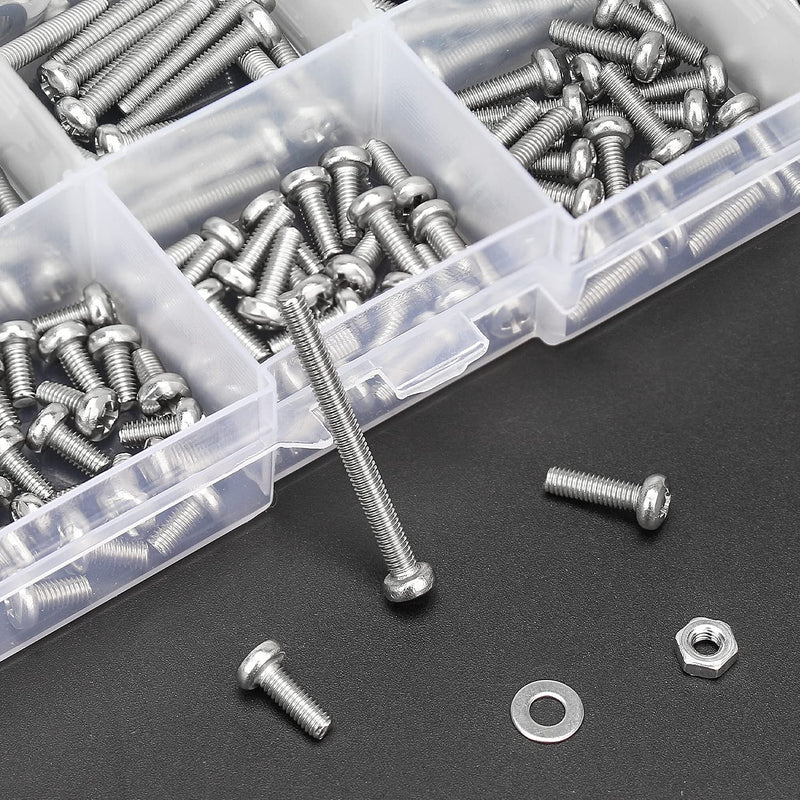 485 Pieces M3 x 4mm /6mm /8mm /10mm /12mm /14mm /16mm /18mm /20mm /25mm / 30mm, Phillips Pan Head Machine Screws, Metric Screws Bolts Washers Nuts Kit, 304 Stainless Steel 485 Pieces M3 Screw Kit