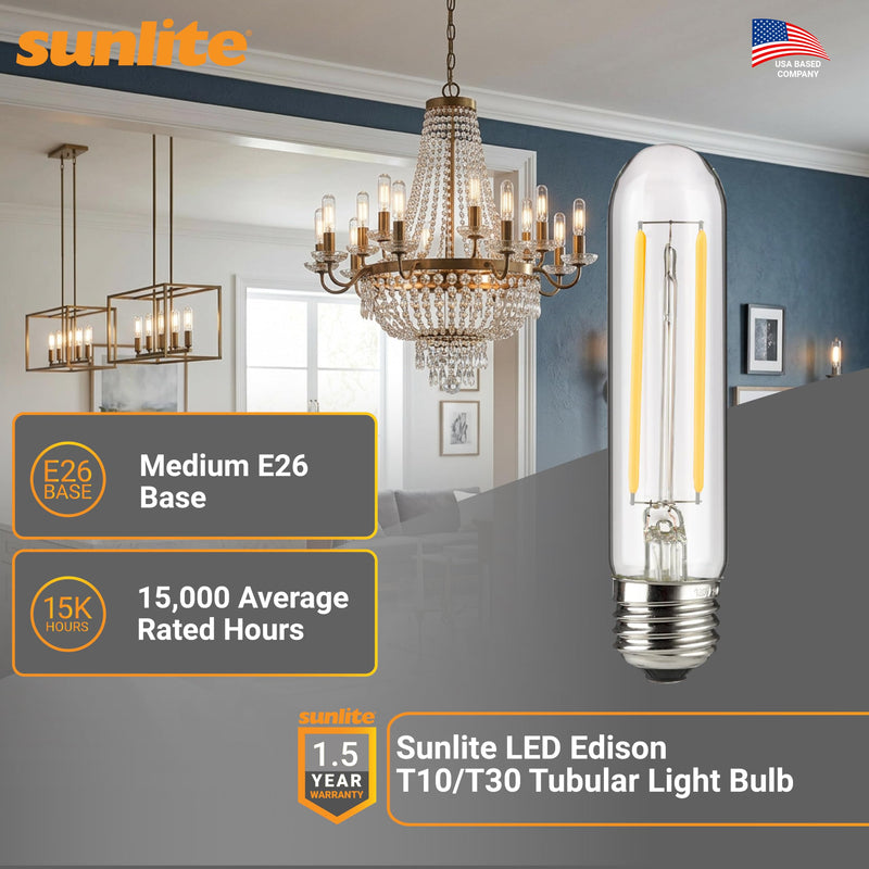 Sunlite LED Filament T10 Tubular Light Bulb, 2 Watts (25W Equivalent), 160 Lumens, Medium E26 Base, 120 Volts, Dimmable, 90 CRI, UL Listed, Clear, 3000K Warm White, 10 Pack