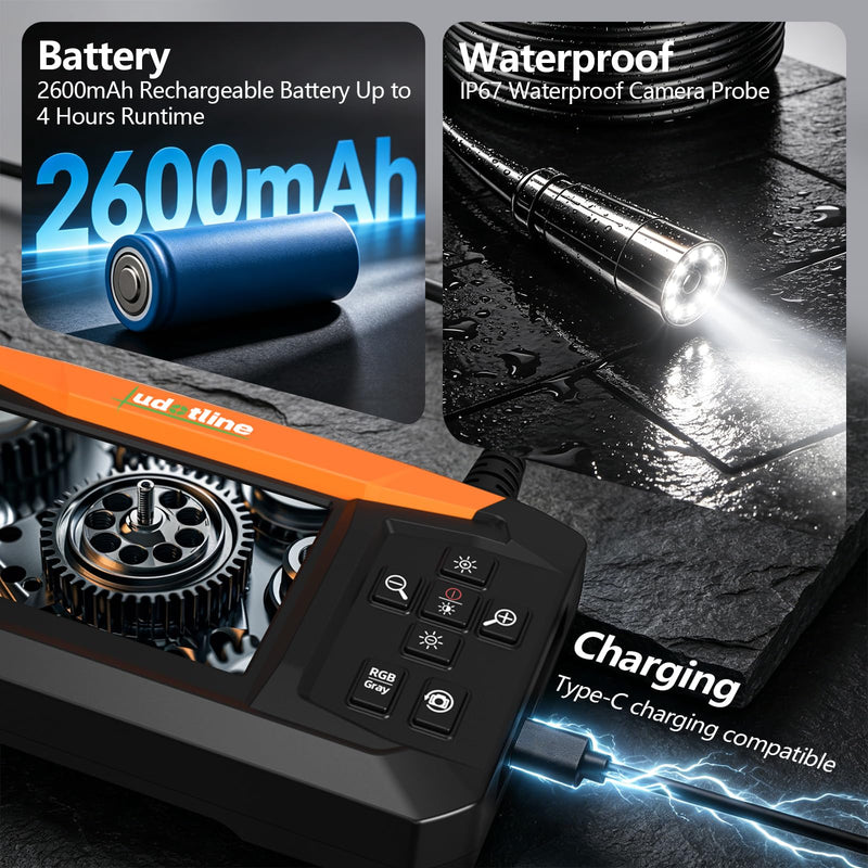 Inspection Camera with 7.2” Built-in Screen, Standalone Endoscope Camera – No Phone Needed, 1m Semi-Rigid Cable, 8 LED Lights, Rechargeable Borescope for Pipe, Wall & Auto Inspection 1m Cable – Close-Range Inspection