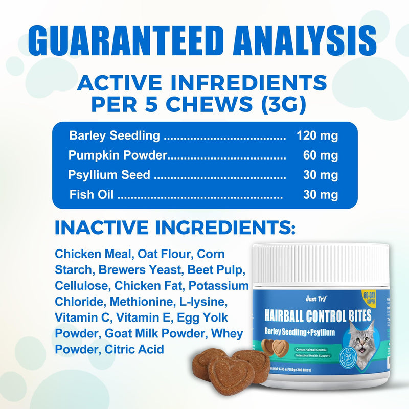 Just Try 300 Bites Hairball Control Cat Treats - Hairball Treatment & Relief for Cats - with Cat Grass, Pumpkin, & Omega-3 Fish Oil, Crunchy Chicken Flavor Crunchy Bites Hairball Support