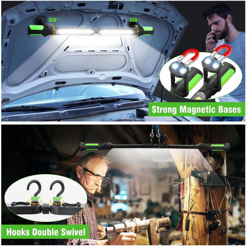 SYLSTAR Work Light for Mechanic, 2400LM Bright LED Work Light, 4400mAh Rechargeable Underhood Work Light Bar with Hooks, Magnetic Mechanic Light for Car Repairing/Inspection/Garage/Workshop/Emergency Green