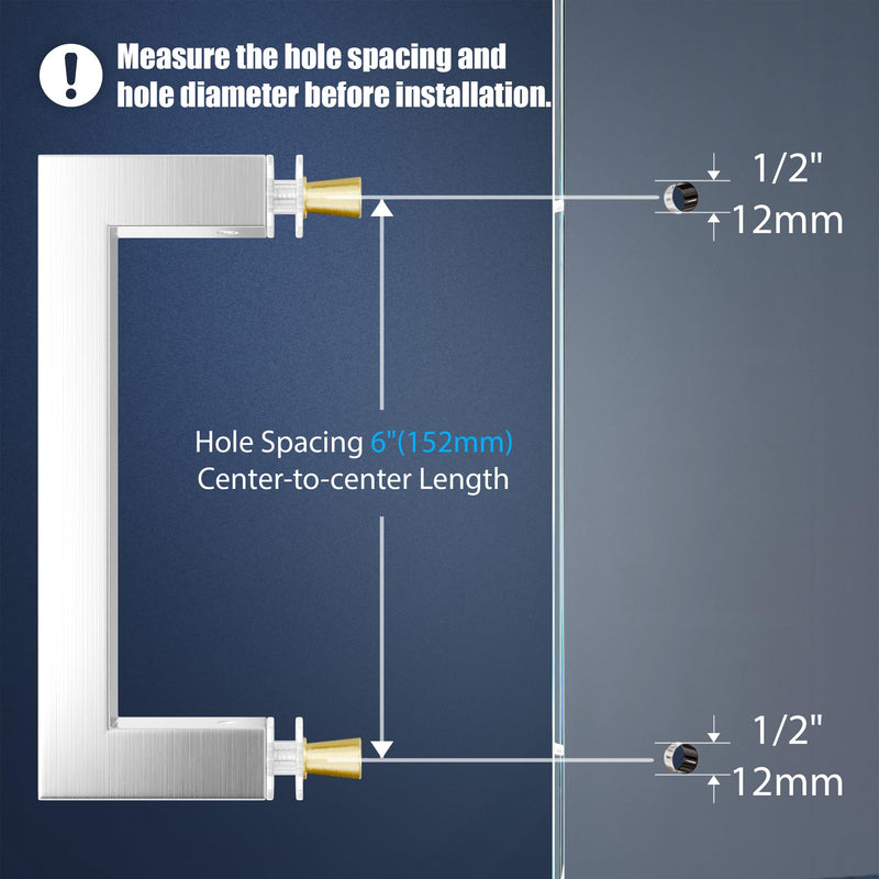 Ranbo 6" Center-to-Center Brushed Nickel Glass Shower Door Handle, Back-to-Back Square Tube Pull, Fits 1/4" to 3/4" Glass and 1-3/8" to 2-3/16" Wood Doors, 1.0mm Thick 304 Stainless Steel 6 Inch