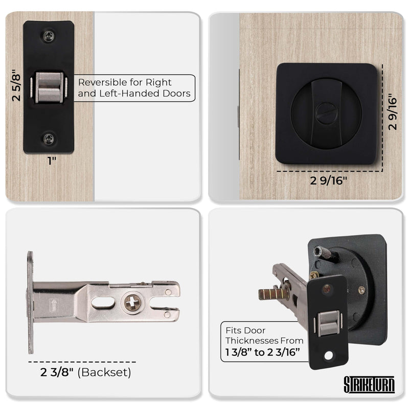 Premium Black Pocket Door Hardware - Pocket Door Lock - Ergonomic Matte Black Door Handle with Pocket Door Pull - Reversible Pocket Door Latch for Safety Square