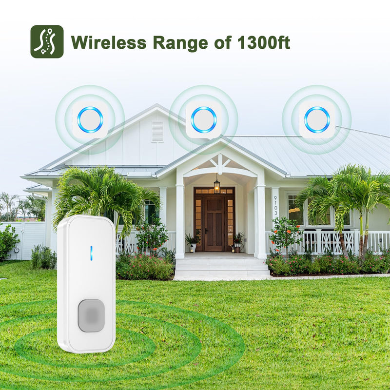 SURFOU Wireless Doorbell 1300FT Range for Home/House/Office/Business/Classroom, 55 Melodies Waterproof Door Chime Kit with 5 Volume Levels & LED Flash, 1 Push Button & 3 Plug-in Receivers, White 1 Button+3 Receivers-White