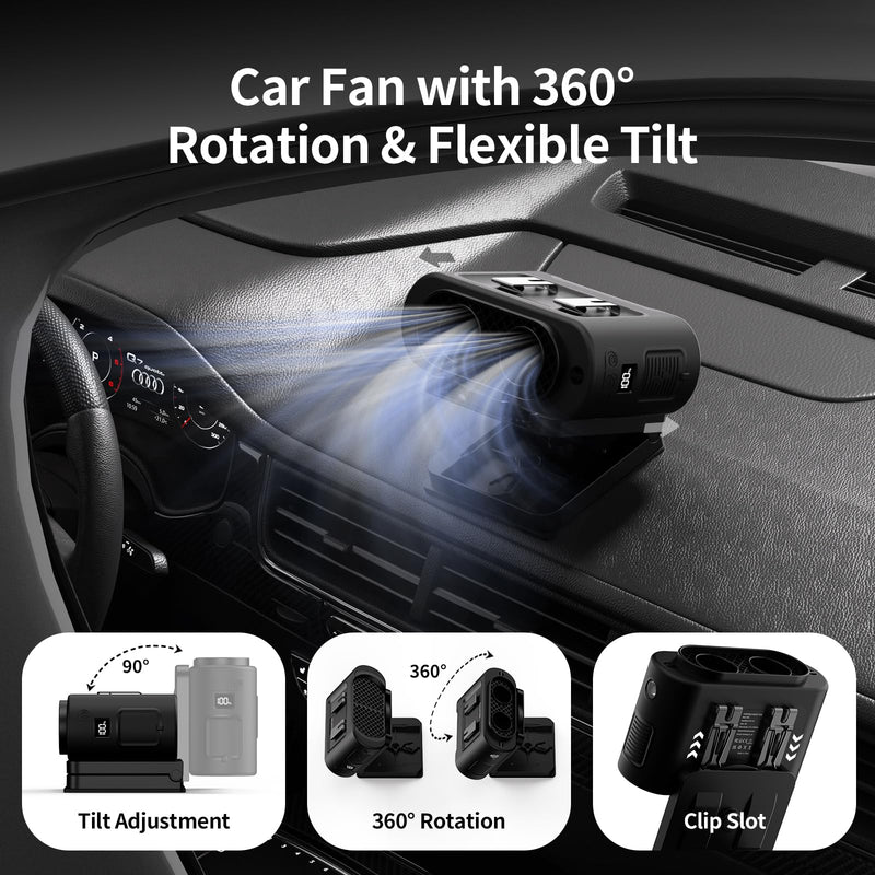 Socool Portable Car Fan - 14500mAh Rechargeable Battery Opearated, Clip on Car Seat Headrest 360 Rotatable, 5-Speed Backseat Fans for Baby Rear Facing Cooling with Dual Air Outlets for SUV RV Truck Black