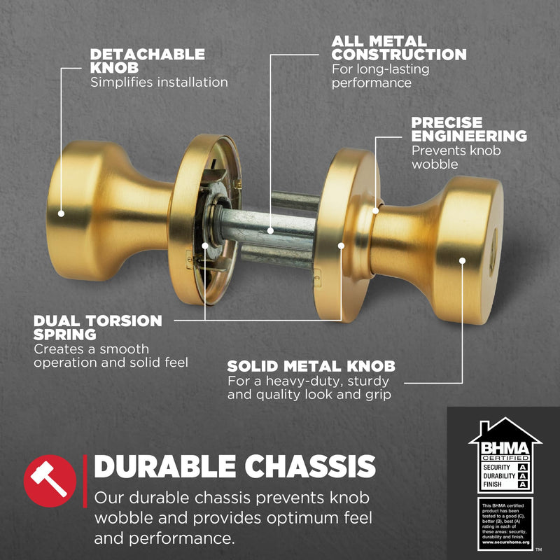 Kwikset Pismo Entry Door Knob with Lock and Key, Secure Keyed Handle Exterior Doorknob, Front Entrance and Bedroom, Satin Brass, Round, Pick Resistant SmartKey Rekey Security, Microban Protection 1 Pack Keyed Entry