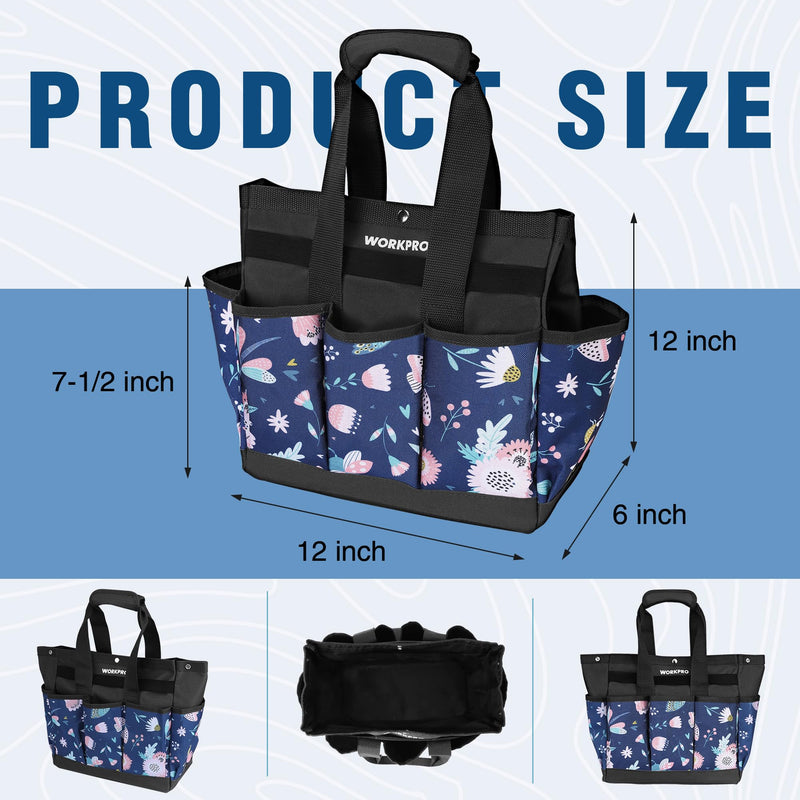 WORKPRO Garden Tool Bag, 9 Pockets Garden Tote Bag, Heavy Duty Oxford Garden Tool Storage Bag, Gardening Tool Kit Holder (Tools NOT Included), 12" x 12" x 6" (Blue Insects) Blue Insects