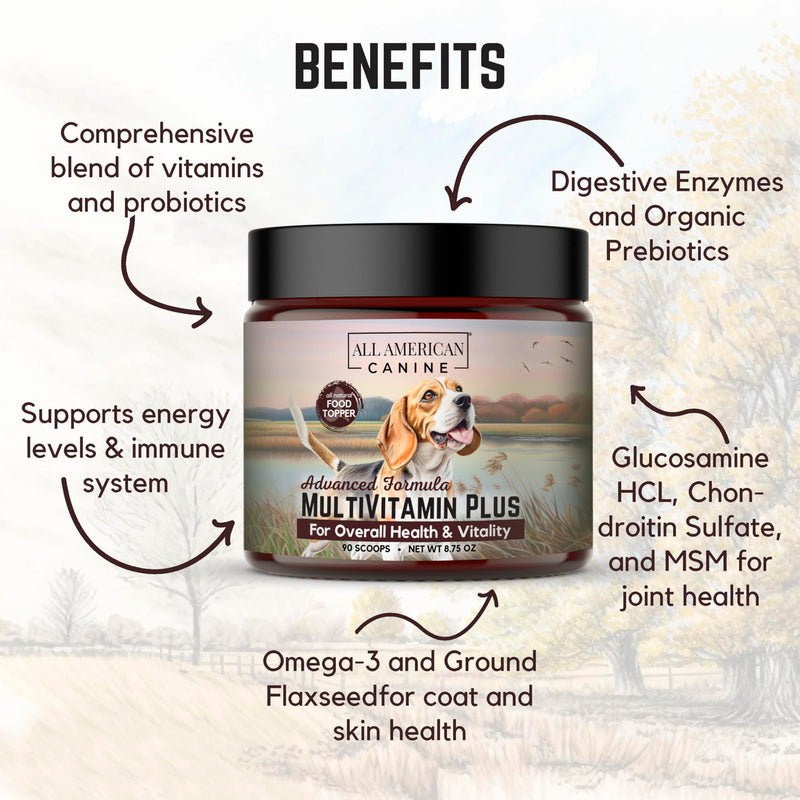 All American Canine Multivitamin Powder - Glucosamine & Chondroitin for Joint Health, Digestive Enzymes & Probiotics for Immunity, Skin & Coat, Beef Flavor 90 Servings