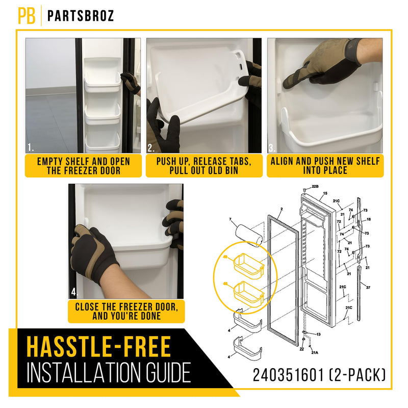 PartsBroz 240351601 Freezer Door Shelf Bin (2-Pack) for Frigidaire Freezer Door Shelf Replacement, Kenmore, Westinghouse Refrigerator Freezer White Bottom Lower Side Shelves AP2115974 PS430027 2-Pack
