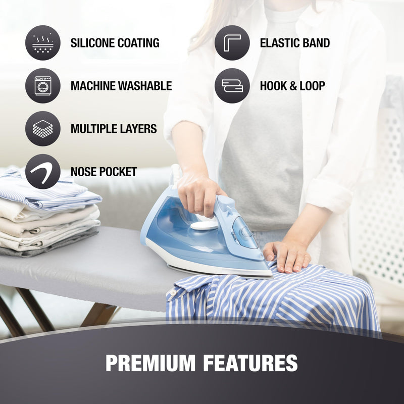 Extra Thick Ironing Board Covers with Pad Standard Size 15x54, Full Scorch Resistant Padding, Heat Reflective Silicone Coating, Durable Nose Pocket Fastener Straps Elastic Edges, Gray