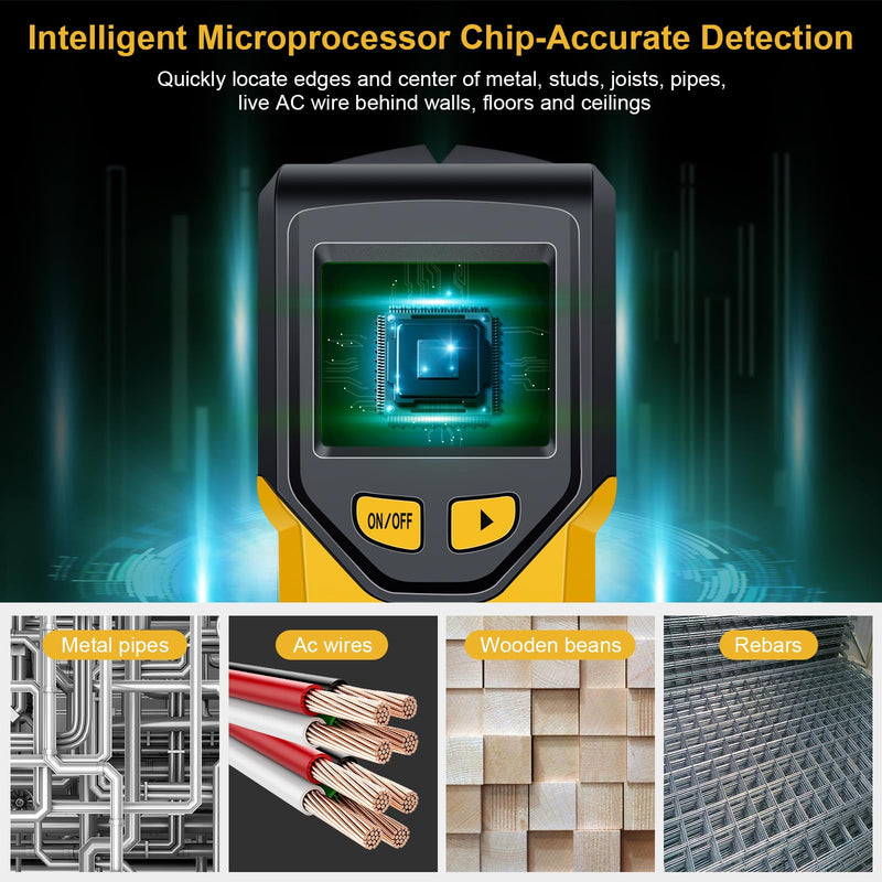 Stud Finder Wall Scanner - 5 in 1 Stud Finder Tool w/Microprocessor Chip and HD LCD Display, Stud Detector Beam Finders for the Center and Edge of Wood AC Wire Metal Studs Joist Pipe (Yellow Pear)