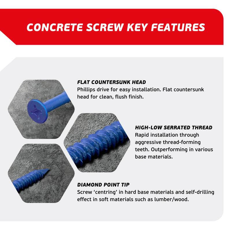 3/16 x 1-3/4" Countersunk Phillips Flat Head Blue Concrete Screw Anchors (100 pcs Screw Kit) with one Screwdriver and Drill Bit for Concrete, Masonry, Block, Brick and Wood Fastening 3/16 x 1-3/4"