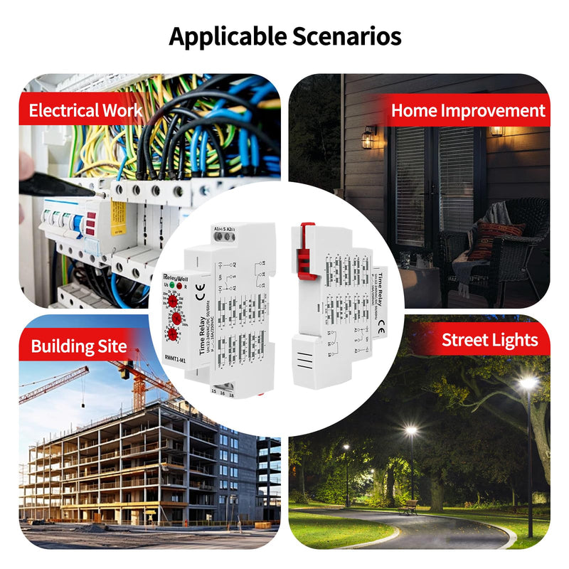 Delay Time Relay, GRT8-M1 AC DC 12V, 24V, 120V, 16A Multifunction Timer Relay with 10 Function Selections, 0.1 sec-10 Days, Delay ON Off, Din Rail Timer (M1 AC/DC 12V-240V) RW-M1-JDQ 12-240V