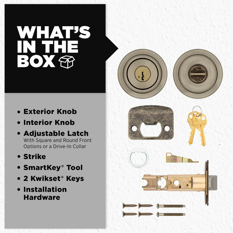 Kwikset Tylo Entry Door Knob with Lock and Key, Secure Keyed Handle Exterior, Front Entrance and Bedroom, Antique Brass, Pick Resistant SmartKey Rekey Security and Microban Updated Packaging