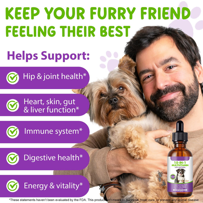 Dog Multivitamin Drops, 15 in 1 Multivitamin Liquid for Dog with Vitamin C-20 Mg, Vitamin D-100 Iu & B1-3,Dog Health Supplements for Skin Care, Joints & Hips,Gut
