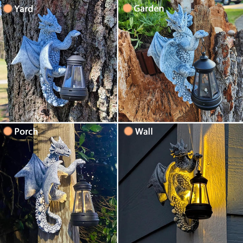 Dragon Tree Hugger with Solar Lantern - 9.3 Inch Resin Statue for Outdoor Garden Decor - Ideal Housewarming & Birthday Gifts for Grandma Mom Women Gray