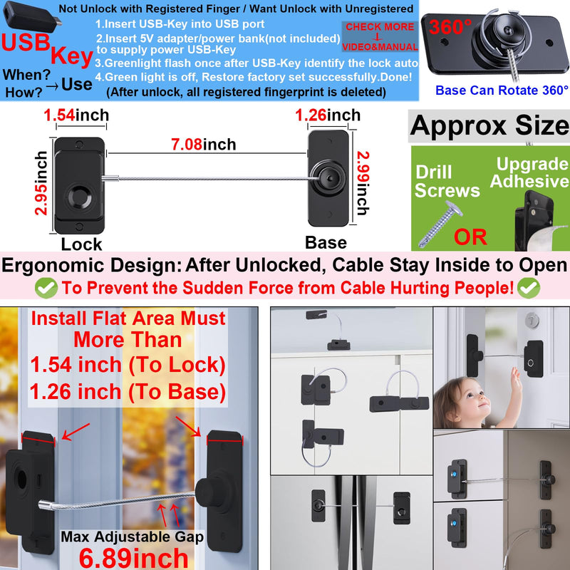 Fingerprint Refrigerator Lock Child Safety USB Backup Key for Cabinet French Drawer Freezer Window, RV Fridge Smart Biometric Cable Latch Babyproofing for Adult Kid Pet,No Drill Easy Install