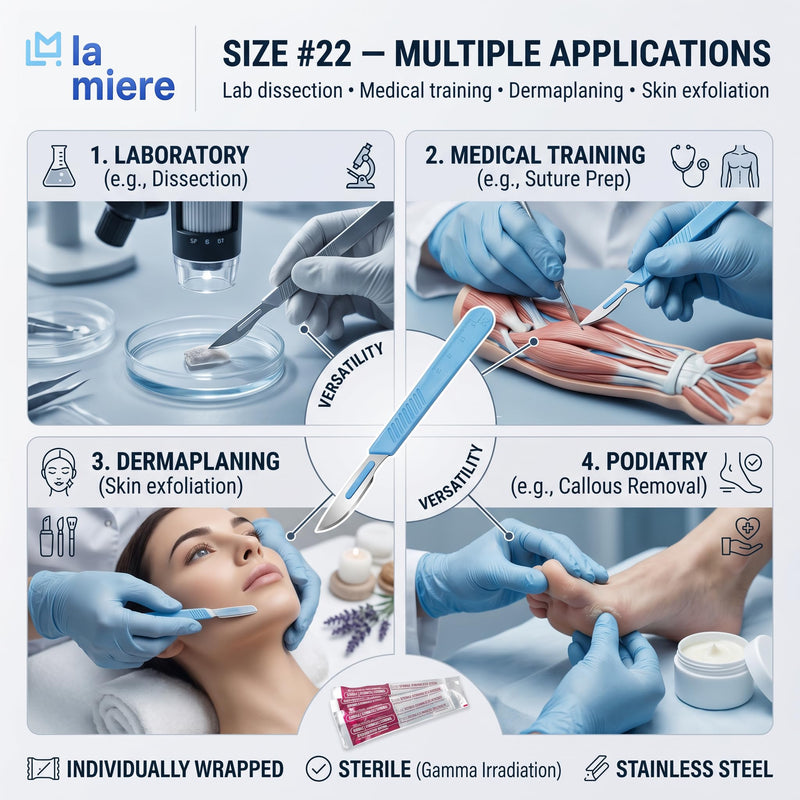 LA MIERE 10-Pack Disposable Surgical Scalpel (#22) Knives, Sterile Stainless Steel Blades, Plastic Handles, Individually Foil Wrapped #22