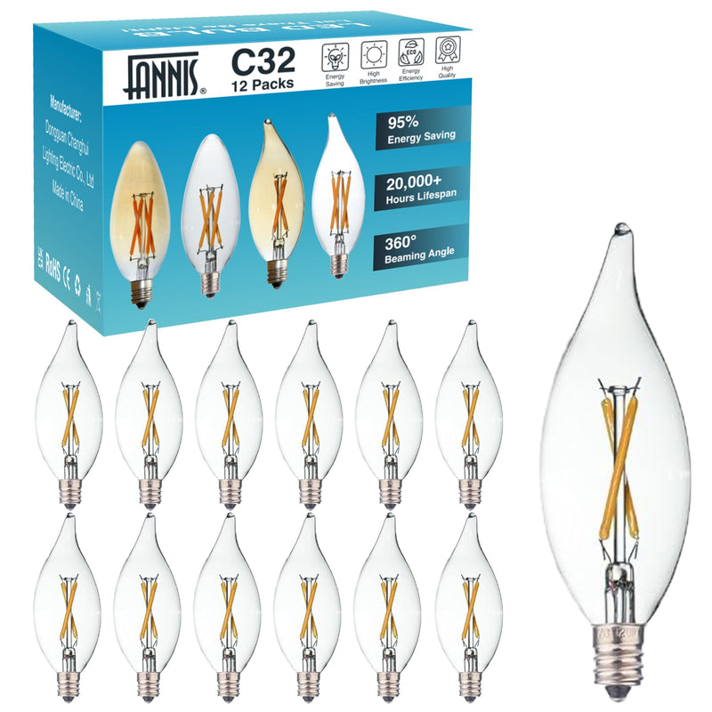 12 Pack E12 Candelabra LED Bulb 20 Watt Equivalent, 2W Clear 2700K Soft Warm White Light Bulbs, CA10 C32 Flame Tip LED Filament Candle Bulbs for Pendant Chandelier Ceiling Fan Wall Sconces C32 CA10 2W 12 Pack 2700k Warm White Light