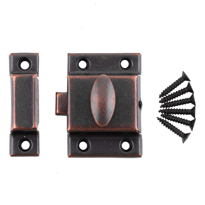 Large Stamped Antique Copper Cabinet Door Latch - 2 1/8" × 2 1/8" - Spring Loaded Cupboard Door Latch with Oval Turn - Vintage Cabinet Hardware | UA-140-LAC (1)
