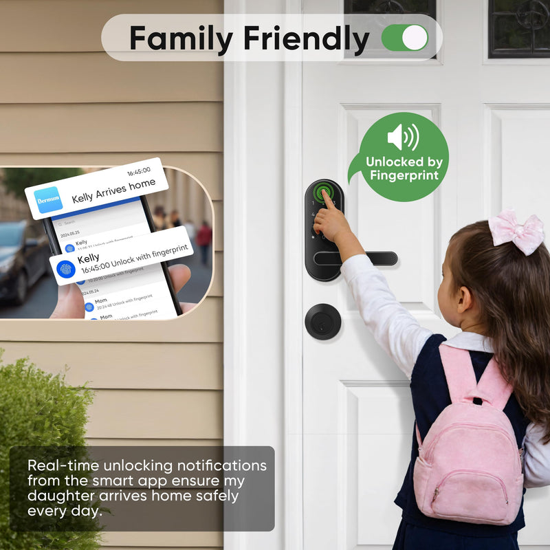 Keyless Entry Fingerprint Digital Smart Lock with Handle & Keypad: Electronic/Electric Lock with Code, App Control Biometric Deadbolt Door Knob for Front, Interior, Exterior & Bedroom Door (Black) Black