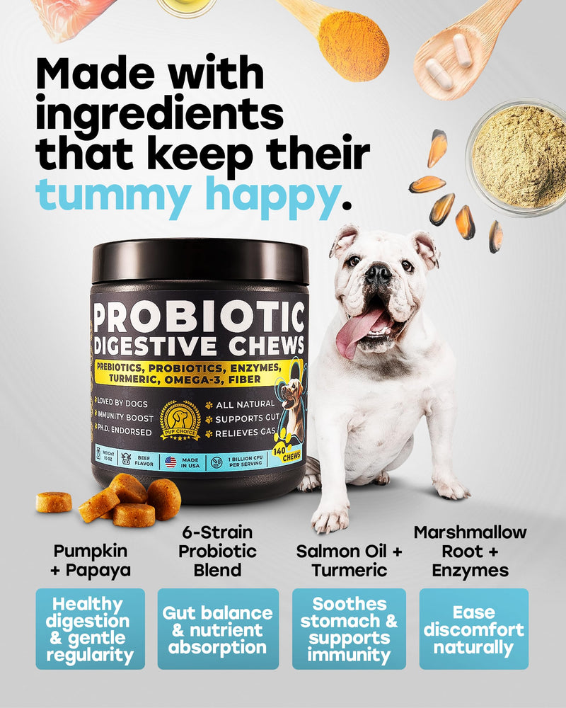 Probiotic + Omega-3 Dog Supplement Bundle — Daily Chews with Probiotics & Salmon Oil, Biotin & Zinc — Supports Digestive, Immune, Skin, Coat & Joint Health — 140 + 140 Chews