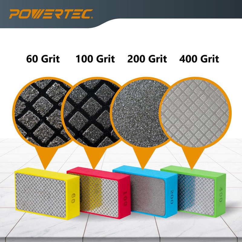 POWERTEC Diamond Hand Polishing Pads 100 Grits 2Pack, Diamond Sanding Block for Polishing and Grinding Porcelain, Ceramic Tile, Glass, Granite, Stone, Wood & Metal (71905-P2) 100 Grit 2 Pack