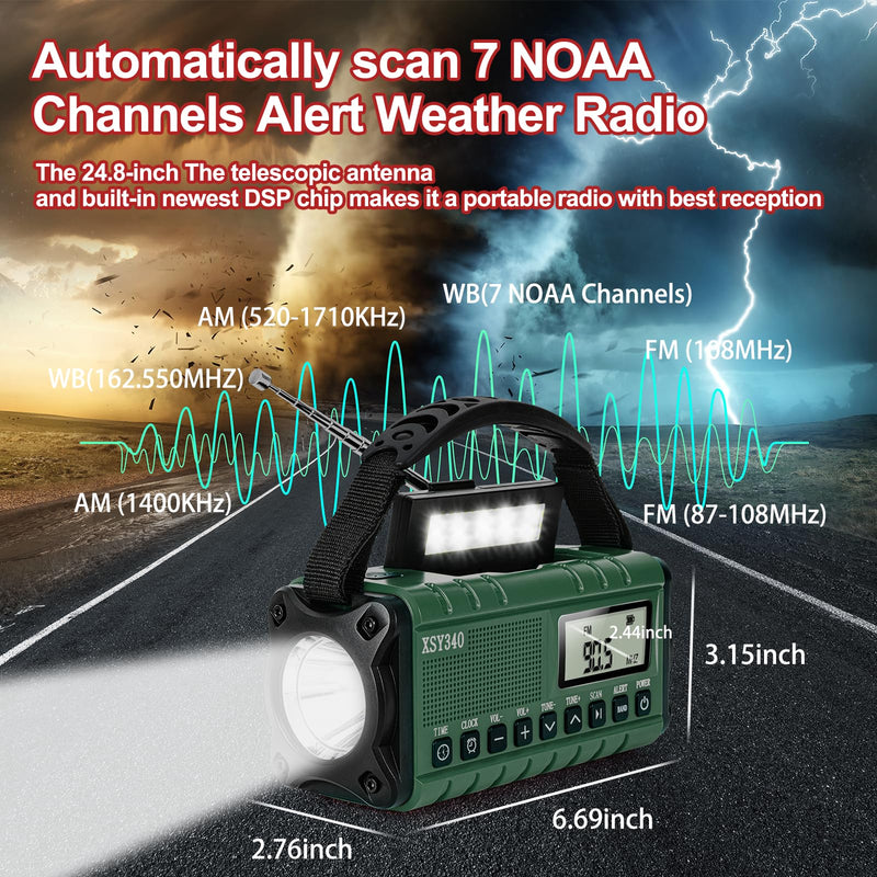 Emergency NOAA Weather Alert Radio with Solar & Hand Crank USB-C Charging Portable AM/FM Radio 3W Flashlight, Reading Lamp, Cell Phone Charger, SOS for Hurricane, Storm, Camping Emergencies Army Green