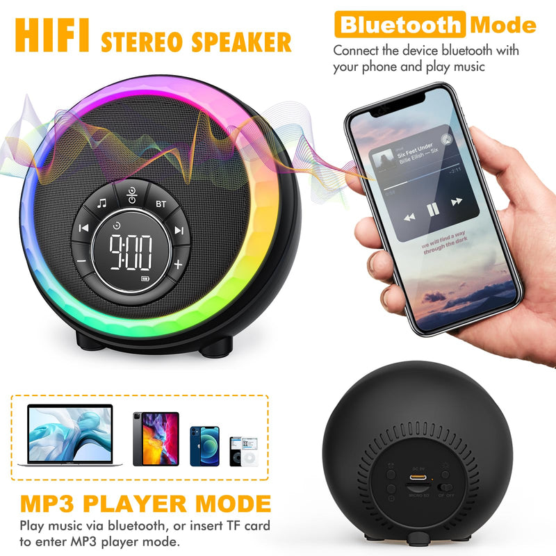 Night Light Bluetooth Speaker Alarm Clock, Portable Sound Machine with White Noise, Touch Bedside Lamp for Bedroom, Dimmable Warm Light, RGB Color Changing, Best Gifts for Teenage Boys Girls Standard