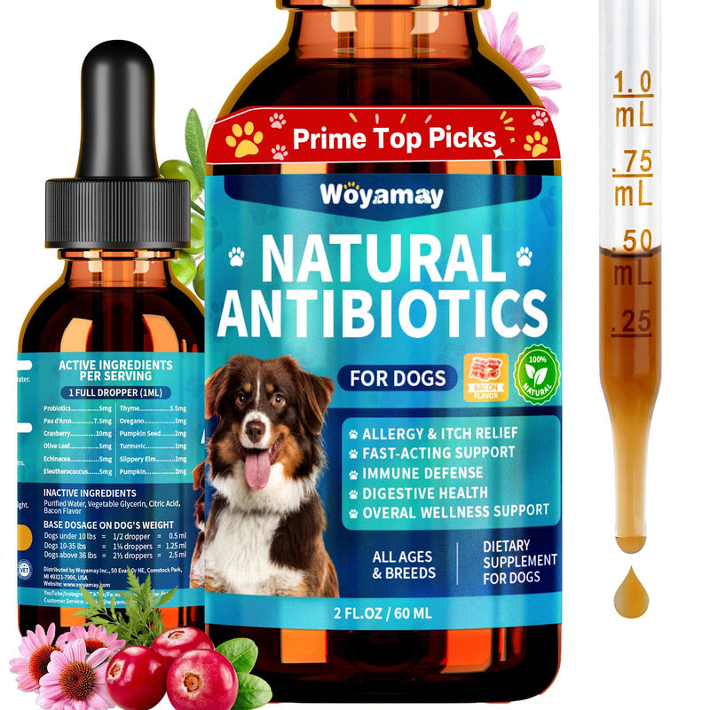 Woyamay Antibiotics for Dogs | Natural Dog Antibiotics for Allergy Relief, Itch Relief, Coughs, Skin Health, Breath Treatment, Digestion | Herbal Supplement to Care for Ears, Eyes & Coat, 2 Fl Oz Bacon 1 Pack