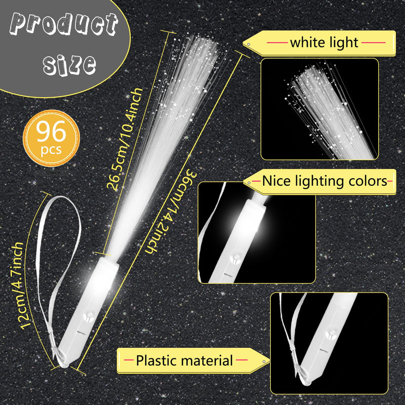 96 Pcs LED White Glow Stick Light Up Fiber Optic Wand Bulk Glow in The Dark Wands with 3 Light Modes for Wedding Club Carnival Party Birthday Concerts Favors