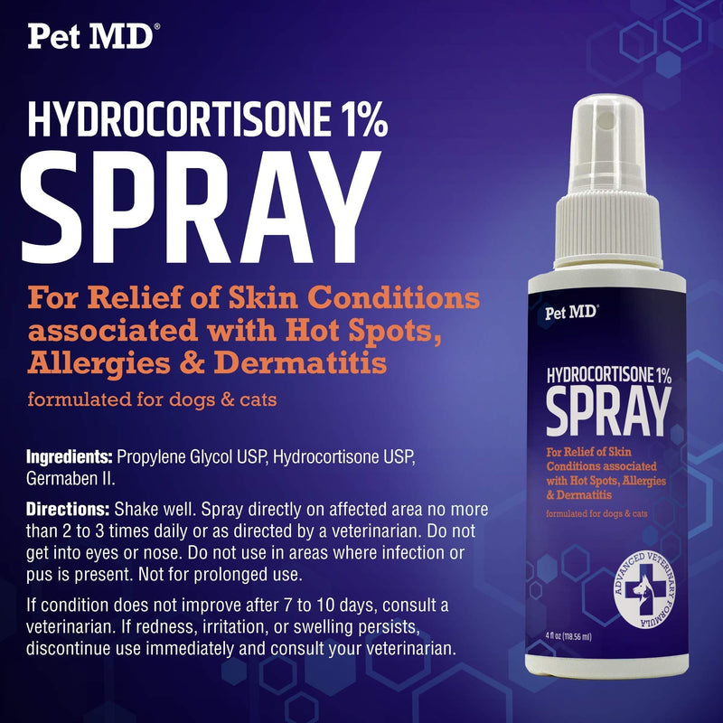Pet MD Hydrocortisone Spray for Dogs, Cats, Horses - Itch Relief Spray & Hot Spot Treatment for Dogs, Irritated Dry Itchy Skin, Allergies, and Dermatitis - Reduces Topical Inflammation - 4 oz - PawsPlanet Australia