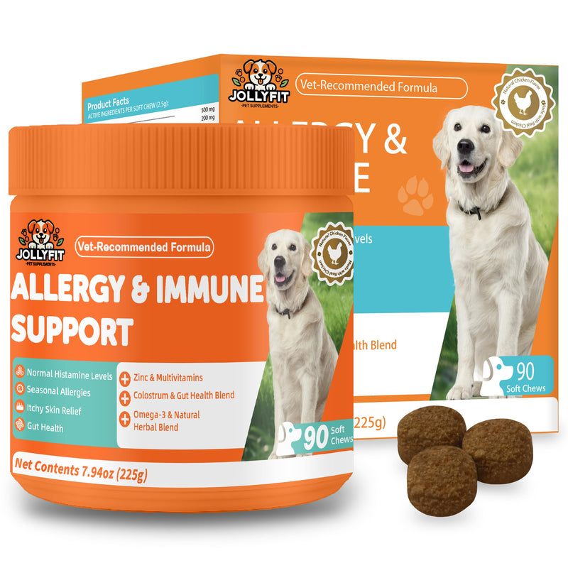 Dog Allergy Chews for Itchy Skin Relief - Seasonal Allergy and Immune Support with Colostrum, Omega 3, Probiotics, Turmeric, Zinc, Vitamins B & E - Helps with Paw Licking & Scratching - 90 Soft Chews