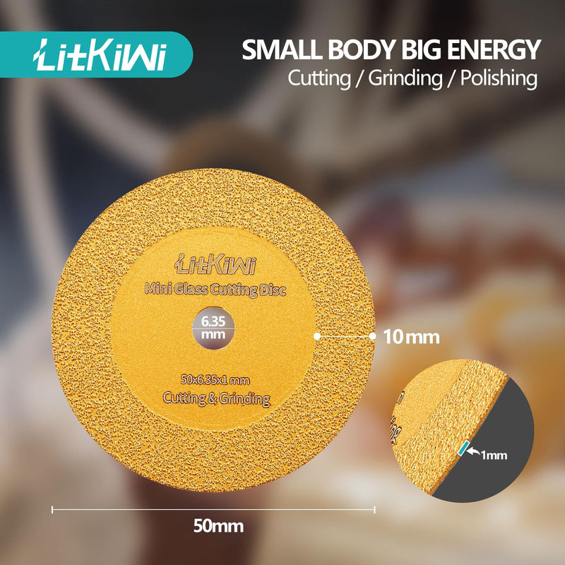 LitKiwi Mini Glasses Cutting Disc,1mm Ultra-Thin Diamond Cutting Blade Wheel,with 2 Sizes Round Mandrels,for Cutting Glass, Jade, Crystal, Ceramics and etc. 3PCS Diamond Blades & 2PCS Round Shanks
