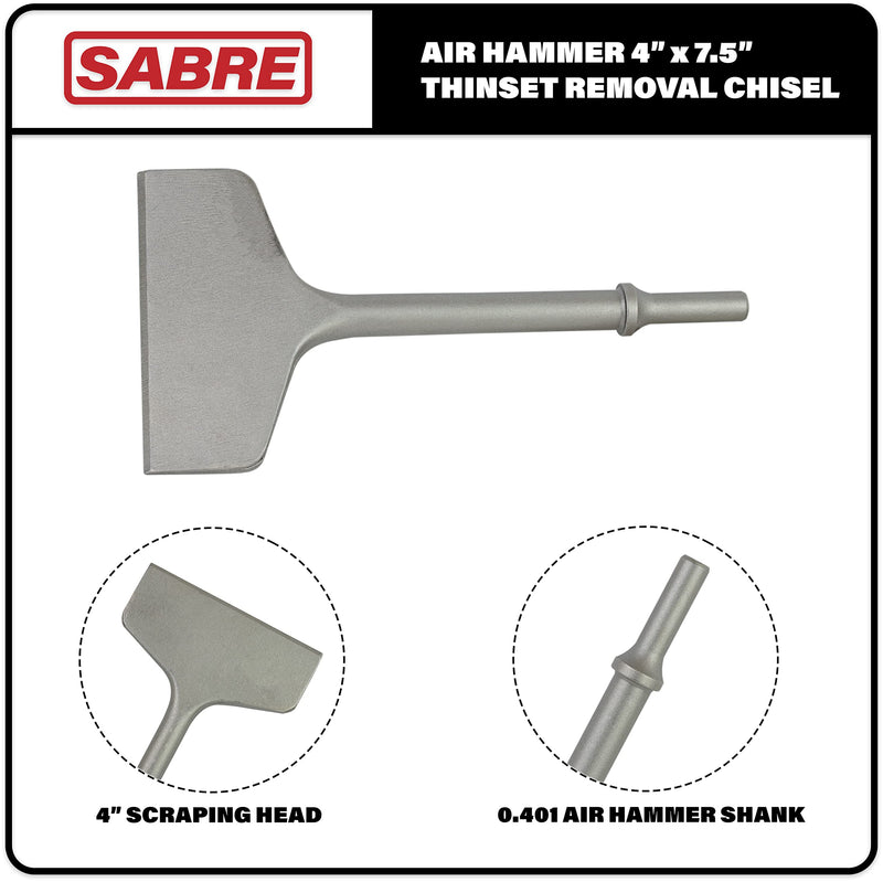 4 Inch x 7.5 Inch Air Hammer Chisel Bit for Thinset Removal, Thinset Scaling, Tile Removal, Pneumatic Chisel, 0.401 Shank