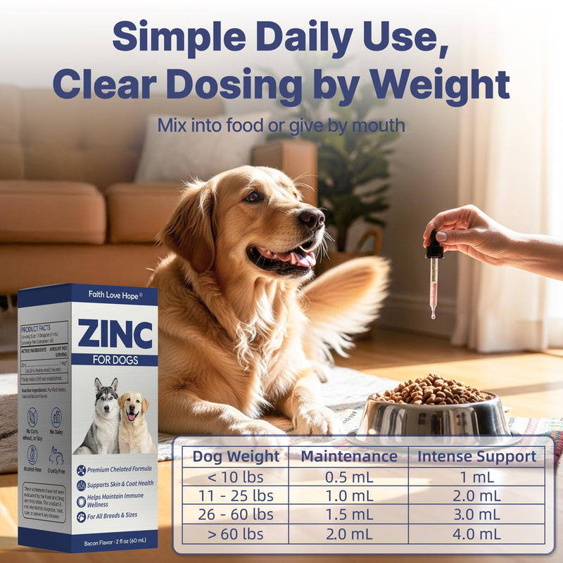 Zinc for Dogs - Dog Skin and Coat Supplement, Chelated Zinc Liquid Drops for Immune Support, Excessive Shedding, Itchy Skin, Husky Snow Nose, Homemade Dog Food Supplement, for All Breeds, 2 Fl Oz