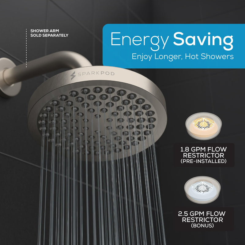 SparkPod Shower Head - High Pressure Rain - Premium Quality Luxury Design - Easy Clean Adjustable Replacement for Your Bathroom Shower Heads (Elegant Brushed Nickel, 6 Inch Round) Elegant Brushed Nickel - NewNest Australia