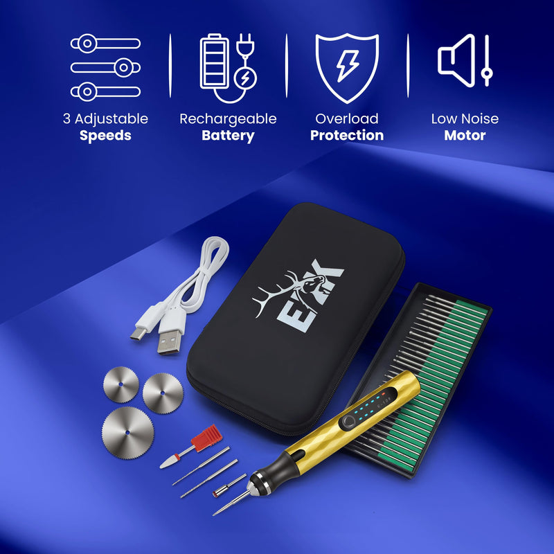 ELK Customizer Engraving Pen for All Materials - 2025 UPGRADED Torque - Rechargeable, Wireless & Beginner Friendly - Engrave 50+ Surfaces - For DIYers & Artists - 30+ Bits & Tools Included - Gold