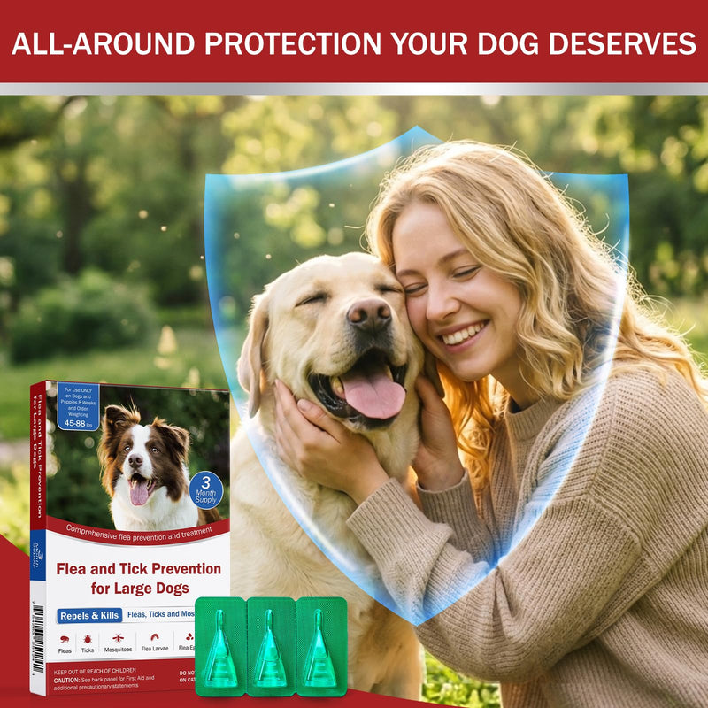 Flea and Tick Prevention for Large Dogs, Flea Drops for Dogs 45 to 88 lbs, 3 Month Support for Skin & Coat Health, Fast Acting, Dog Flea and Tick Treatment, Supplement
