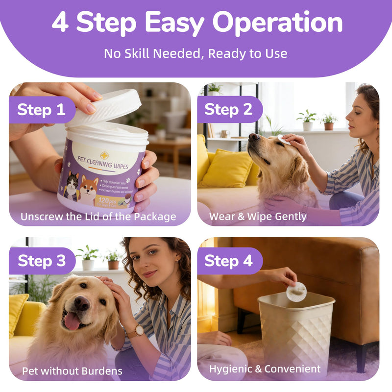 Dog Eye Wipes, 120 Count Cat Eyes Cleaning Wipes Gentle Pet Tear Stain Remover, Hypoallergenic Puppy Dogs Eye Wash Cleaner for Debris Discharge Mucus, Vet Recommended Aloe Chamomile Pets Wipe Pads