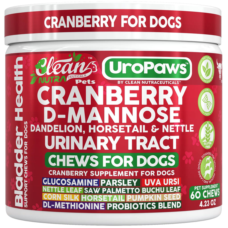 Dog UTI Treatment | Cranberry for Dogs | Urinary Tract Bladder Control | D-Mannose Dandelion Glucosamine HCL Marshmallow Nettle Leaf Saw Palmetto Uva Ursi Horsetail Beef Flavor by Clean Nutra Pets