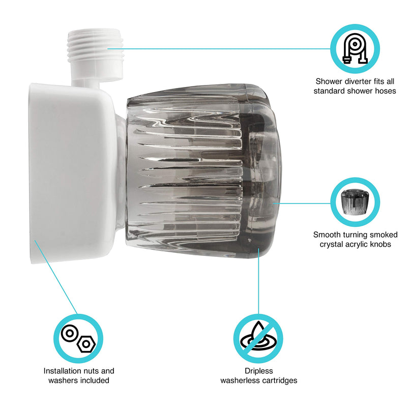 Dura Faucet DF-SA100S-WT RV/Motorhome/Trailer Shower Faucet Valve Diverter with Smoked Acrylic Knobs (White) White