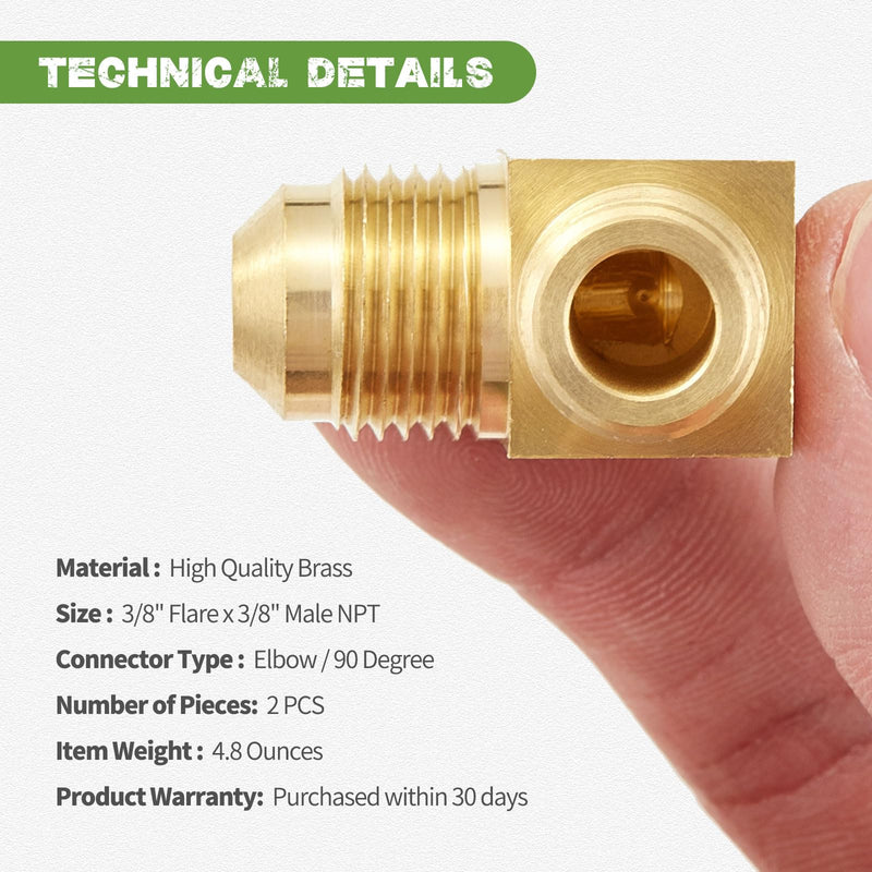 2 PCS Heavy Duty Metals Brass Tube Fitting 90 Degree Elbow Adapter 3/8" Flare x 3/8" Male NPT Pipe 2PCS 3/8 Flare x 3/8 Male