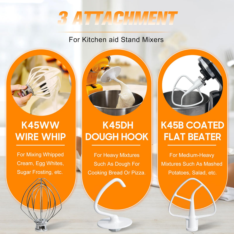 Funmit Mixers Accessories K45WW Wire Whip K45DH Dough Hook K45B Coated Flat Blade Paddle with Scraper Replacement for Kitchen Tilt-Head Aid Stand Mixer Attachments- Stainless Steel Aluminum