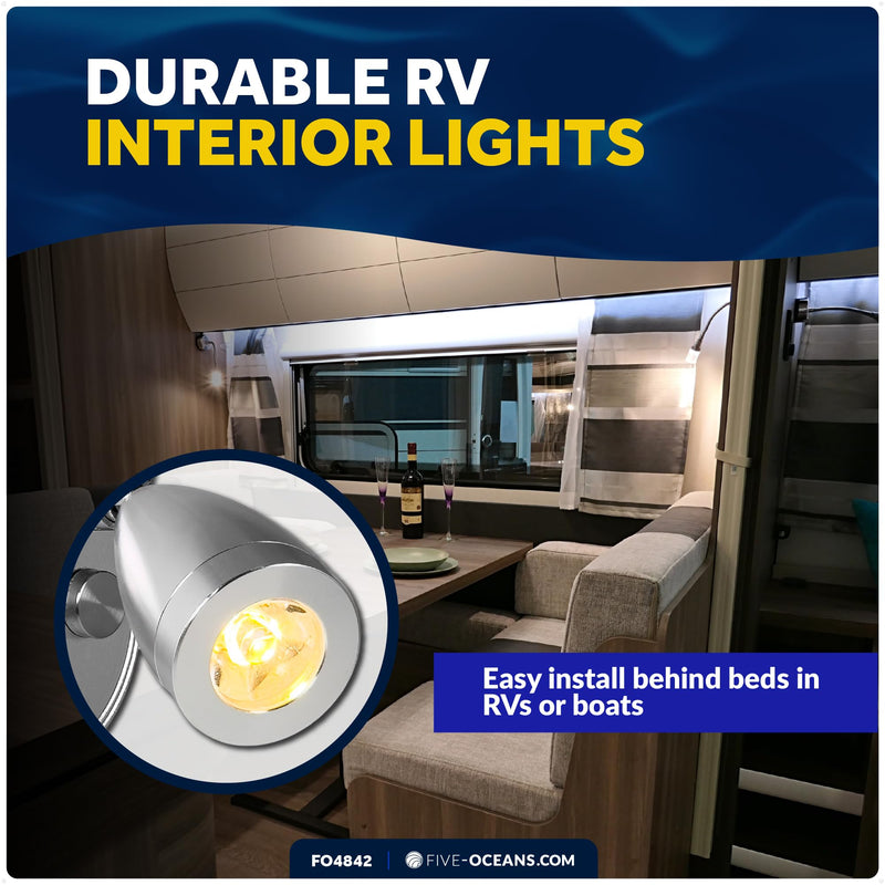 Five Oceans LED Reading Light with Touch Dimmer on Base/Housing/Swivel, USB-C Port, Warm White 200LM, Silver Housing, 10-28V, RV Interior Lights for Boats, RVs, Trailers - Wall Mount - FO4842