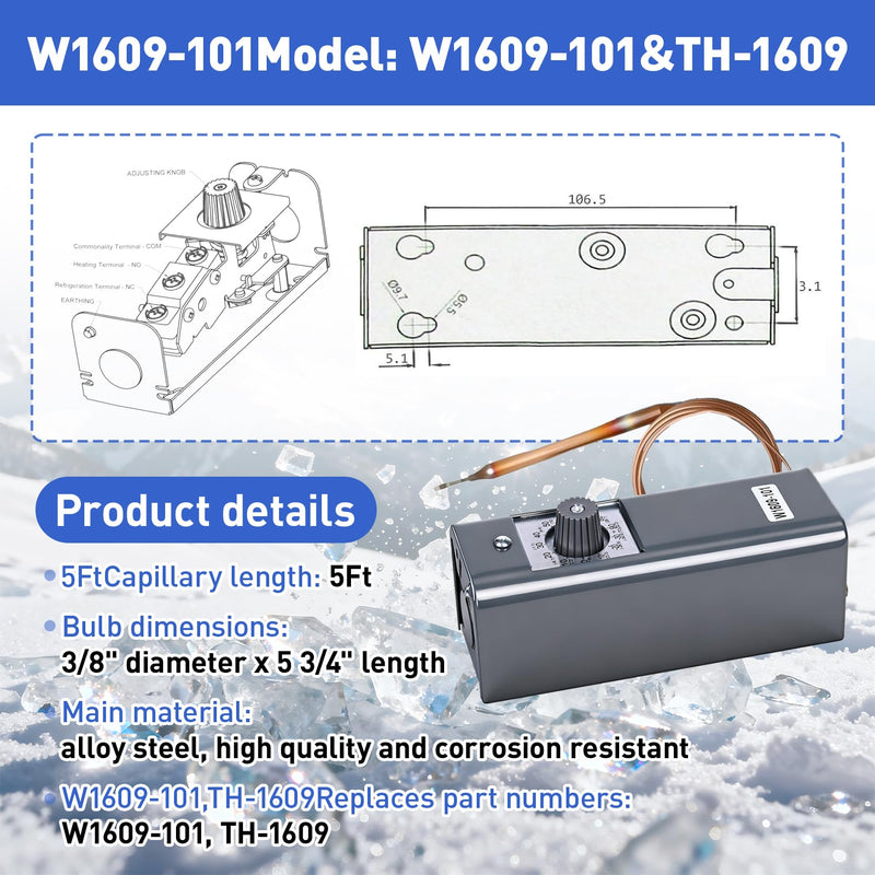 W1609-101 Refrigeration Thermostat Temperature Controller Remote Control Bulb TH-1609, 5FT Capillary Length, -30 to +90 Degrees Fahrenheit, -34 to +32 Degrees Celsius, °C and °F Dual Temperature dial