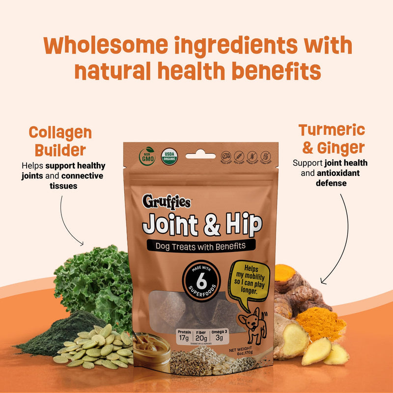 Gruffies Organic Hip & Joint Dog Treats – Natural Joint Supplement for Dogs with Turmeric & Ginger, Healthy Peanut Butter Treats for Mobility, Vet Approved, Non-GMO, Made in Canada, 6 oz (Pack of 1) 6 Ounce (Pack of 1)