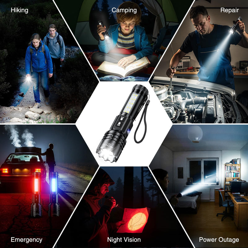 RECHOO Rechargeable Flashlights High Lumens, 7Modes Dual-Switch Flashlight Rechargeable with LCD Digital Display, Super Bright Flashlight Powerful Flash Light LED Flashlights for Home Camping Black-2Pcs