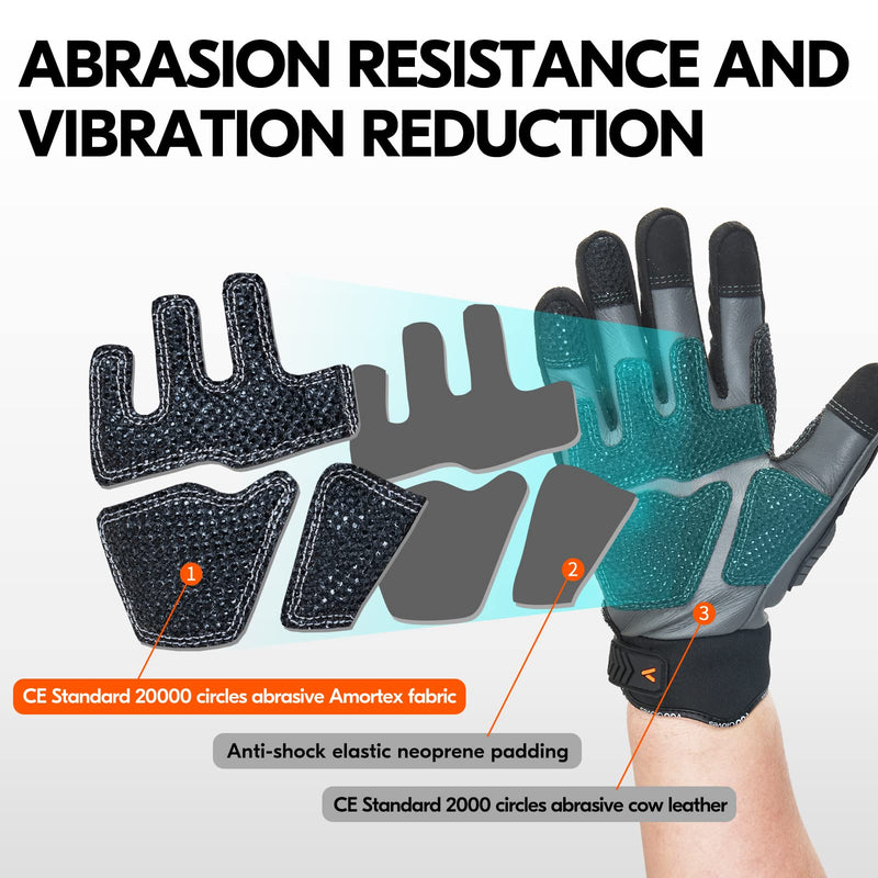 Vgo...…1Pair Leather Heavy Duty Work Gloves,Mechanics Gloves,Water Resistant,Impact Resistant,Anti-Vibration(CA7722WR) X-Large Gray
